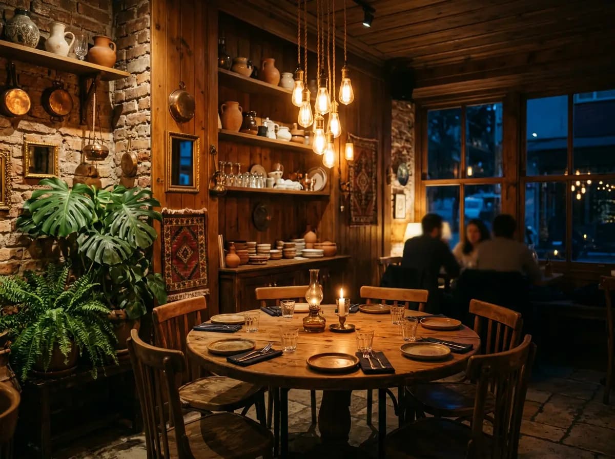 İzmir'de sıcak ışıklı, samimi bir kafe köşesi — mekân atmosferi